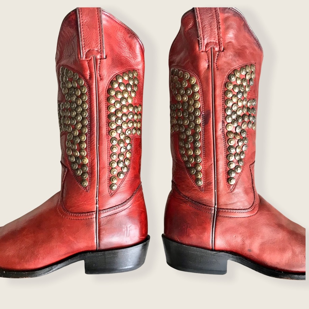 RARE Frye Billy Hammered Stud Red Leather Western/Southern Cowboy Riding Boots - Picture 11 of 13